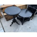 A BLACK COFFEE TABLE AND A BLACK OCCASIONAL TABLE ON TURNED SUPPORT
