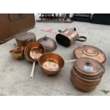 AN ASSORTMENT OF COPPER ITEMS TO INCLUDE PANS, A WATERING CAN AND SIEVES ETC