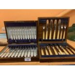 TWO WOODEN BOXES OF SILVER PLATE FLATWARE TO INCLUDE A SET WITH PEARLESCENT HANDLES