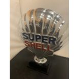 A LARGE CHROME 'SUPER SHELL' SIGN ON A BASE APPROXIMATE HEIGHT 50CM