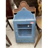 SMALL OAK WALL SHELVES AND A PAINTED CABINET WITH GLASS DOOR