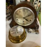 A WOODEN NAPOLEONS HAT STYLE MANTLE CLOCK, BRASS BAROMETER AND A MODEL CAR