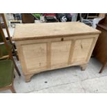 A LARGE VICTORIAN PINE BLANKET CHEST WITH THREE PANEL FRONT 46" WIDE