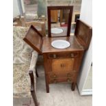 A REGENCY MAHOGANY AND INLAID WASHSTAND COMMODE WITH PULL-UP VANITY MIRROR WITH ENAMEL BASIN BUT