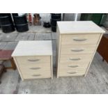 A LIMED OAK EFFECT BEDSIDE CHEST OF THREE DRAWERS AND MATCHING CHEST OF FIVE DRAWERS