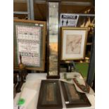 A PAIR OF WOODEN FRAMED VINTAGE STYLE PICTURES, A LONG MAHOGANY FRAMED MIRROR (130X20 CMS) AND TWO