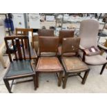 SIX VARIOUS DINING CHAIRS, POUFFE AND FIRESIDE CHAIR