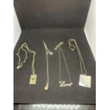 FOUR SILVER NECKLACES MARKED 925 WITH PENDANTS TO INCLUDE A PEARL/CLEARSTONE, A SHELL EFFECT SQUARE,