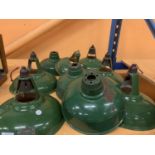 FIVE GREEN ENAMEL COOLICON PENDANT LIGHT SHADES AND A FURTHER FOUR SMALLER EXAMPLES