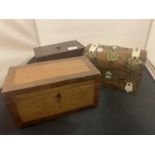 THREE WOODEN BOXES ONE WITH BRASS DETAIL AND TWIN COMPARTMENT INNER (TWO WITH BASES A/F)