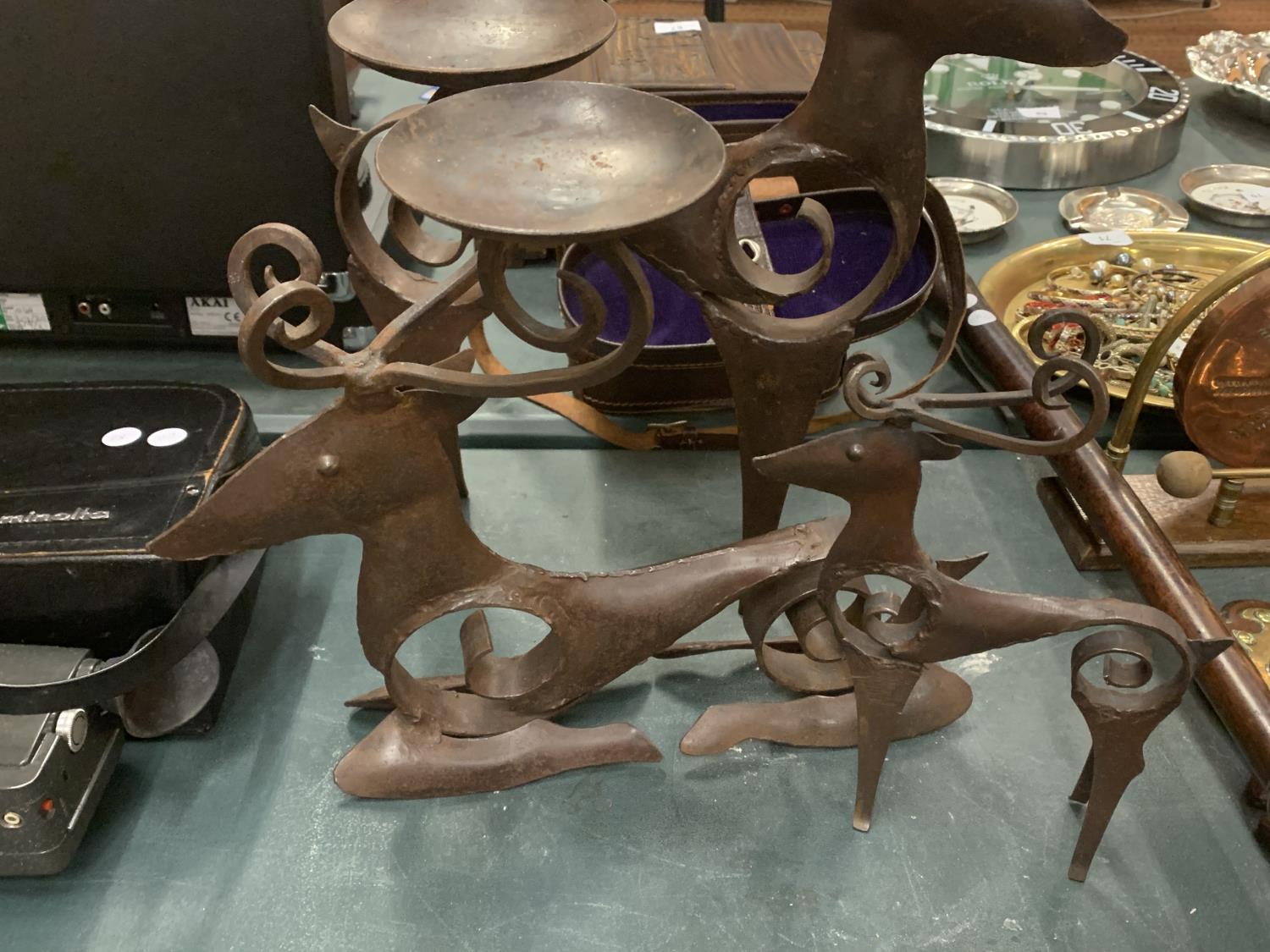 THREE SCANDINAVIAN STYLE BLACKSMITH CRAFTED REINDEER THE LARGER EXAMPLES WITH CANDLE HOLDERS - Image 2 of 3