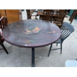 A LARGE PINE TRIPOD TABLE 52 INCHES DIAMETER WITH ONE CHAIR