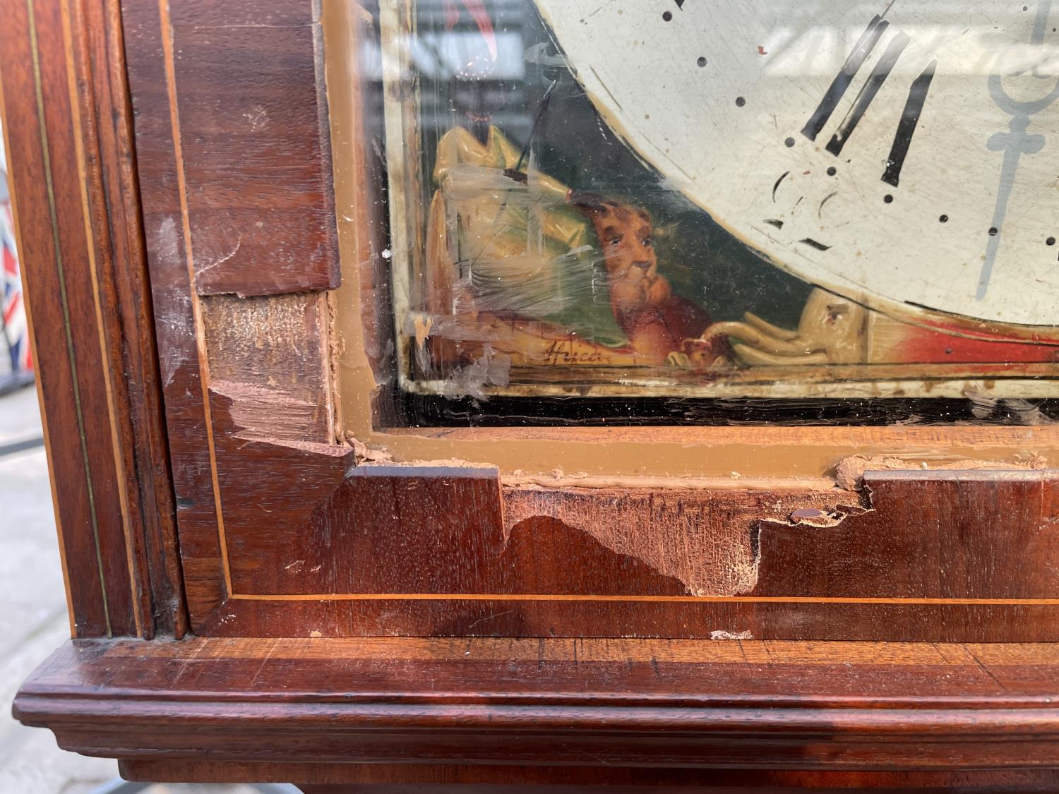 A 19TH CENTURY MAHOGANY AND INLAID EIGHT DAY LONGCASE CLOCKW ITH ENAMEL DIAL DEPICTING BRITANNIA - Image 6 of 10