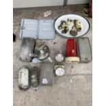 AN ASORTMENT OIF ITEMS TO INCLUDE LIGHTS AND LIGHT FITTINGS, AND A LARGE QUANTITY OF SILVER PLATE