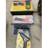 AN ASSORTMENT OF HAND TOOLS TO INCLUDE A POT RIVETOR, A GLUE GUN AND A GAS STOVE ETC