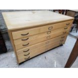 A MODERN LIGHT WOOD SIX DRAWER JUMBO PLAN CHEST, 52" WIDE