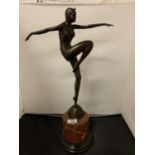 AN ART DECO STYLE BRONZE LADY ON MARBLE AND ALABASTER BASE SIGNED J PHILIPP ? HEIGHT 50CM