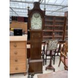 A 19TH CENTURY OAK CASED EIGHT DAY LONGCASE CLOCK WITH PAINTED ENAMEL DIAL FEATURING YOUNG BOY