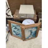 AN ASSORTMENT OF ITEMS TO INCLUDE A LARGE VINTAGE STORAGE BIN, TWO VINTAGE FRAMED PRINTS AND TWO