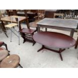 AN OVAL COFFEE TABLE, MAGAZINE RACK/TABLE AND FOLDING HIGH STOOL