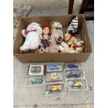 AN ASSORTMENT OF TOYS TO INCLUDE DIE CAST VEHICLES AND A BOX OF CUDDLY TOYS