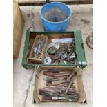A LARGE QUANTITY OF ASSORTED HARD WARE ITEMS TO INCLUDE CHISELS, PIPE FITTINGS AND SCREWS ETC