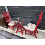 A PAIR OF GLASS TOP TABLES AND TWO CHAIRS