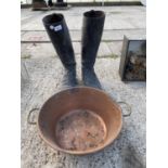 A COPPER TWO HANDLED PAN AND A PAIR OF VINTAGE RIDING BOOTS