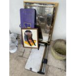 AN ASSORTMENT OF ITEMS TO INCLUDE A BEVEL EDGE MIRROR, A PAPER GILOTINE, FRAMED PRINT, DVDS AND