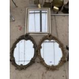 TWO DECORATIVE GILT FRAMED MIRRORS AND A FURTHER WOODEN FRAMED SQUARE MIRROR