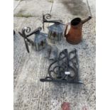 AN ASSORTMENT OF VINTAGE ITEMS TO INCLUDE AN OIL CAN, MOLE TRAPS AND DECORATIVE LIGHT FITTINGS