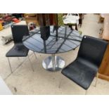 A RETRO BLACK GLASS TABLE, 43" DIAMETER AND TWO CHAIRS