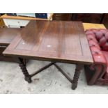 AN EARLY 20TH CENTURY DRAW LEAF OAK DINING TABLE ON BARLEY TWIST SUPPORTS - 35.5" SQUARE