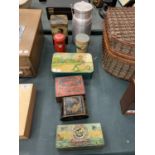 A SELECTION OF VINTAGE TINS TO INCLUDE A SMALL MILK CHURN TYPE VESSEL