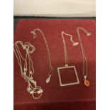 FOUR SILVER NECKLACES MARKED 925 WITH PENDANTS TO INCLUDE AN ORANGE STONE, A SQUARE, AND A CLEAR