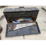 A VINTAGE WOODEN JOINERS CHEST TO ALSO INCLUDE HAND TOOLS