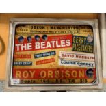 A VINTAGE STYLE METAL FRAMED 'THE BEATLES' ON THE STAGE AT ODEON MANCHESTER WALL ART PICTURE 44CM