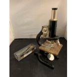 A VINTAGE 'PRIOR LONDON' MICROSCOPE TO INCLUDE A BOX OF VINTAGE SLIDES