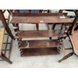 A 19TH CENTURY MAHOGANY THREE TIER WALL SHELVES WITH TURNED SUPPORT