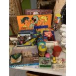 AN ASSORTMENT OF VARIOUS VINTAGE AND RETRO GAMES TO INCLUDE A JIG SAW PUZZLE OF LONDON, A SPINNER