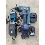 A MAKITA 9.6V BATTERY DRILL AND A CRAFT BATTERY POWERED GRASS TRIMMER