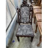 A VICTORIAN WALNUT PRAYER TYPE CHAIR WITH BARLEYTWIST LEGS AND SUPPORTS