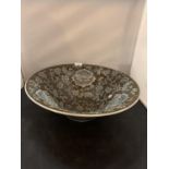 A LARGE BROWN AND WHITE POTTERY FLORAL DECORATED BOWL 41CMS DIA 14CMS HIGH