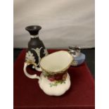 THREE ITEMS TO INCLUDE A WEDGEWOOD JASPERWARE VASE AND LIGHTER AND AN OLD COUNTRY ROSES CREAM JUG