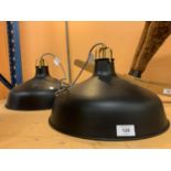 A PAIR OF BLACK METAL HANGING CEILING LIGHT SHADES