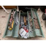 A METAL TOOL BOX WITH CONTENTS TO INCLUDE SPANNERS AND HAMMERS ETC