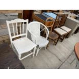 A PAIR OF OAK DINING CHAIRS, TWO BEDROOM CHAIRS AND A WICKER CHAIR