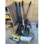 A LARGE QUANTITY OF VINTAGE TOOLS TO INCLUDE A METAL TOOL BOX WITH CONTENTS AND GARDEN SHEARS ETC