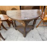 A REPRODUCTION JACOBEAN STYLE HALF MOON HALL TABLE WITH UNDERTIER, 133.5" WIDE AND 16" DEEP