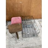 A PAIR OF METAL BOTTLE CRATES AND A FURTHER TO VINTAGE STOOLS